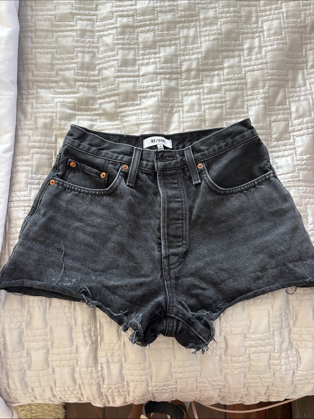 Re/Done Washed Black High-Rise Denim Cutoff Shorts